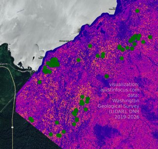 Putative trees over 85m (279ft) annotated on a DSM-DTM difference map south of Lake Quinault.