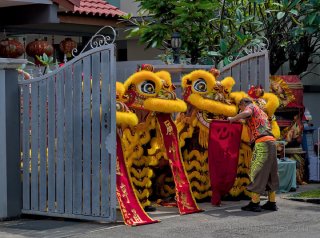 A lion dance happening at a house down the street